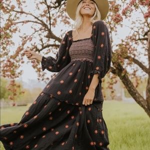Free People Dahlia Embroidered Maxi Dress in Black Combo XL